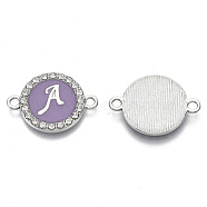 Alloy Enamel Links Connectors, with Crystal Rhinestones, Flat Round with Letter, Silver Color Plated, Letter.A, 22x16x2mm, Hole: 1.8mm(ENAM-TAC0003-01S-01A)