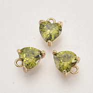 Brass Cubic Zirconia Charms, Nickel Free, Heart, Faceted, Real 18K Gold Plated, Yellow Green, 7x5.5x3.5mm, Hole: 0.9mm(X-KK-T048-048G-NF)