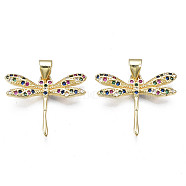 Brass Micro Pave Cubic Zirconia Pendants, with Real 18K Gold Plated Brass Findings, Nickel Free, Autumn Pendants, Dragonfly, Colorful, 18x21.5x3mm, Hole: 3x5mm(ZIRC-N039-186B-NF)