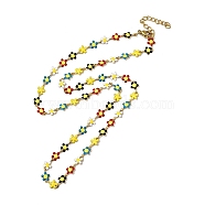 Colorful Enamel Flower Link Chain Necklace, Ion Plating(IP) 304 Stainless Steel Jewelry for Women, Golden, 19.72 inch(50.1cm)(NJEW-C037-03G)