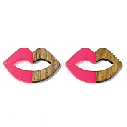 Resin and Walnut Pendants, Lip, for Valentine's Day Gift, Hot Pink, 23.5x37.5x3mm, Hole: 2mm(WOOD-I013-04C)