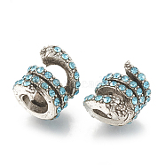 Alloy European Beads, Large Hole Beads, with Rhinestone, Snake, Antique Silver, Blue Zircon, 11x10mm, Hole: 4.5mm(X-MPDL-S066-019B)