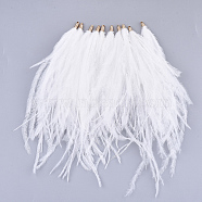 Ostrich Feather Tassel Big Pendant Decorations, with Brass Findings, Golden, White, 130~170x4mm, Hole: 1.6mm(FIND-S302-08A)