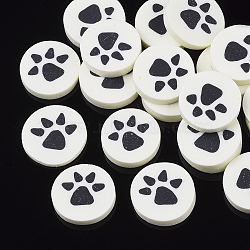 Handmade Polymer Clay Cabochons, Flat Round with Cat Paw Prints, Creamy White, 9~10x1.5~2mm, about 200~250pcs/50g(X-CLAY-S091-019B)