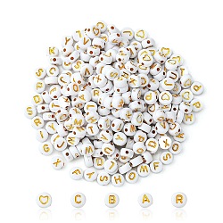 300pcs 2 Styles Opaque White Acrylic Beads, Metal Enlaced, Flat Round with Letters, Golden Plated, 7x3.5~4mm, Hole: 1.5~1.8mm(MACR-YW0002-58C)