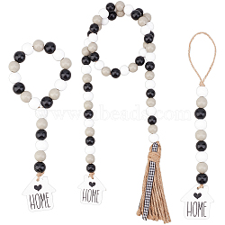 Gorgecraft 3Pcs 3 Style Wooden Beaded Garland, Pendant Decoration, Wall Hanging Prayer Beads, with House-shape Pendant and Jute Tassel, Black, 250~1030mm, 1pc/style(HJEW-GF0001-25)
