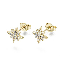 Brass Micro Pave Clear Cubic Zirconia Stud Earrings, with Ear Nuts, Nickel Free, Star, Real 16K Gold Plated, 9x9mm, Pin: 0.7mm(EJEW-T046-28G-NF)