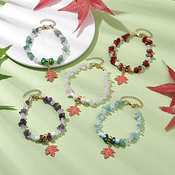 Handmade Lampwork Beads Beaded Bracelets for Women, with Natural Mixed Gemstone Chip, Mushroom & Mable Leaf Charm, Mixed Color, 7-3/4 inch(19.7cm)(BJEW-JB11335)