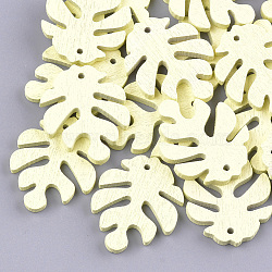 Painted Poplar Wood Pendants, Tropical Leaf Charms, Monstera Leaf, Light Yellow, 30x24x2.5~3mm, Hole: 1.5~2mm(WOOD-S045-067A)