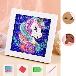 DIY Diamond Painting Photo Frame Kits, Including Resin Rhinestones Bag, Diamond Sticky Pen, Tray Plate & Glue Clay, Unicorn, 150x150mm(DIAM-PW0009-31E)