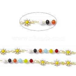 Handmade Brass Enamel Daisy Flower Link Chains, with Colorful Glass Beaded, Soldered, with Spool, Real 18K Gold Plated, Flower: 10x7.5x2mm, 4.5x3.5mm(CHC-F015-30G)