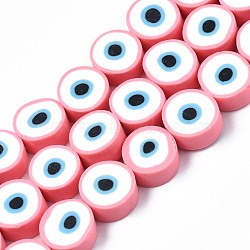 Handmade Polymer Clay Beads Strands, Flat Round with Evil Eye, Pink, 8~11x4mm, Hole: 1.2mm, about 40pcs/strand, 13.98 inch~ 15.35inch(35.5cm~39cm)(CLAY-S096-041B)