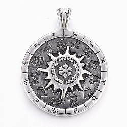 304 Stainless Steel Big Pendants, Flat Round with Constellation, Antique Silver, 53.5x42x9mm, Hole: 8.5x6mm(STAS-L204-03AS)