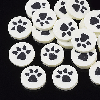 Handmade Polymer Clay Cabochons, Flat Round with Cat Paw Prints, Creamy White, 9~10x1.5~2mm, about 192~240pcs/48g