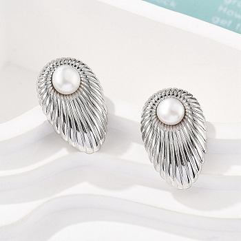 304 Stainless Steel Stud Earrings, with Freshwater Pearl Beads, Teardrop, Stainless Steel Color, 24x15mm