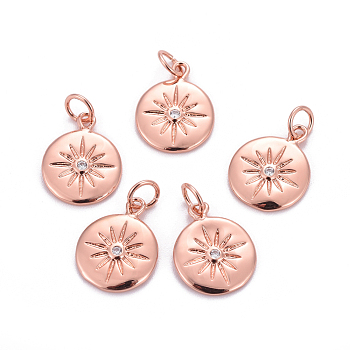 Brass Charms, with Cubic Zirconia, Flat Round with Sun, Clear, Rose Gold, 15x12x2mm, Hole: 3.5mm