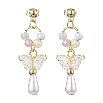ABS Plastic Imitation Pearl & Glass Seed Earrings, with 304 Stainless Steel Earring Studs, Jewely for Women, Teardrop, Golden, 44x15mm