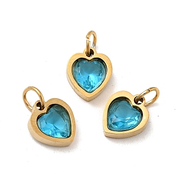 Vacuum Plating 304 Stainless Steel Pendants, with Cubic Zirconia and Jump Rings, Single Stone Charms, Heart, Golden, Dark Turquoise, 9x8x3mm, Hole: 3.6mm
