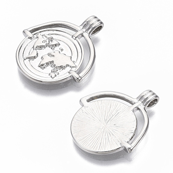 Brass Pendants, Nickel Free, Flat Round with World Map, Real Platinum Plated, 25x22.5x4mm, Hole: 1.4mm