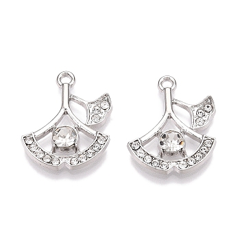 Rack Plating Alloy Pendants, with Rhinestone, Leaf, Platinum, 20.5x16.5x4mm, Hole: 1.6mm