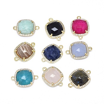 Natural & Synthetic Gemstone Links connectors, with Golden Tone Brass Findings and Cubic Zirconia, Faceted, Square, Clear, 18.5~19x13.5x4.5mm, Hole: 1.6mm