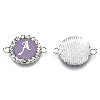 Alloy Enamel Links Connectors, with Crystal Rhinestones, Flat Round with Letter, Silver Color Plated, Letter.A, 22x16x2mm, Hole: 1.8mm
