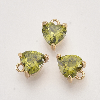 Brass Cubic Zirconia Charms, Nickel Free, Heart, Faceted, Real 18K Gold Plated, Yellow Green, 7x5.5x3.5mm, Hole: 0.9mm