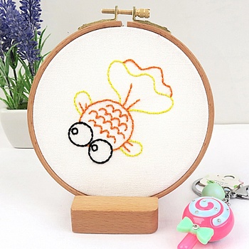 DIY Cartoon Animal Embroidery Sets, Including Imitation Bamboo Frame, Plastic & Alloy Pins, Cloth, Colorful Threads, Fish Pattern, 37~190x1~195x0.6~8.5mm, Inner Diameter: 107mm