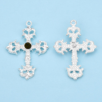 Alloy Pendants, with Dark Olive Green Glass, Cross Charm, Cadmium Free & Nickel Free & Lead Free, Silver, 48.5x34x5mm, Hole: 2mm