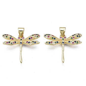 Brass Micro Pave Cubic Zirconia Pendants, with Real 18K Gold Plated Brass Findings, Nickel Free, Autumn Pendants, Dragonfly, Colorful, 18x21.5x3mm, Hole: 3x5mm