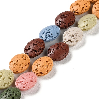 Natural Lava Rock Dyed Beads Strands, Flat Oval, Mixed Color, 10~11x8~8.5x4mm, Hole: 0.6mm, about 36pcs/strand, 14.80''(37.6cm)