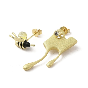 Brass Micro Pave Clear Cubic Zirconia Stud Earrings, Enamel Bees Asymmetrical Earrings, Golden, 8.5x12mm, 29.5x23mm