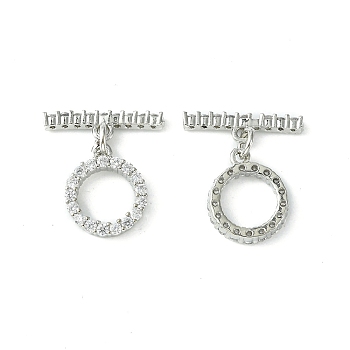 Rack Plating Eco-Friendly Brass Pave Clear Cubic Zirconia Toggle Claps, Long-Lasting Plated, Lead Free & Cadmium Free, Ring, Platinum, Ring:14.2x12x2.5mm, Hole: 1.3mm, Bar: 5x18x2mm, Hole: 1.3mm