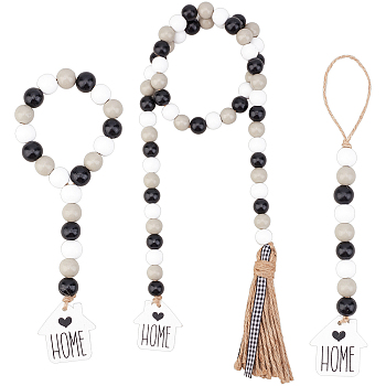 Gorgecraft 3Pcs 3 Style Wooden Beaded Garland, Pendant Decoration, Wall Hanging Prayer Beads, with House-shape Pendant and Jute Tassel, Black, 250~1030mm, 1pc/style