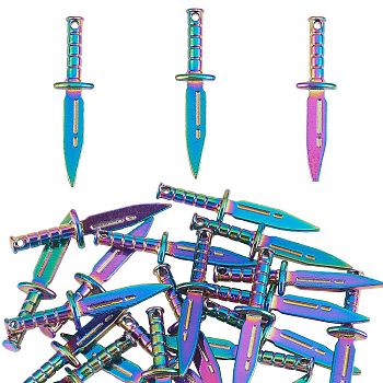 25Pcs Alloy Pendants, Cadmium Free & Lead Free, Sword, Rainbow Color, 39x9.5x4.5mm, Hole: 1.2mm