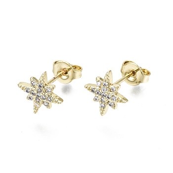 Brass Micro Pave Clear Cubic Zirconia Stud Earrings, with Ear Nuts, Nickel Free, Star, Real 16K Gold Plated, 9x9mm, Pin: 0.7mm