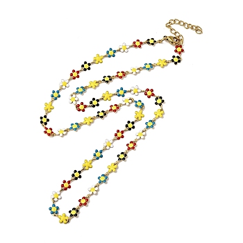 Colorful Enamel Flower Link Chain Necklace, Ion Plating(IP) 304 Stainless Steel Jewelry for Women, Golden, 19.72 inch(50.1cm)