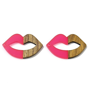 Resin and Walnut Pendants, Lip, for Valentine's Day Gift, Hot Pink, 23.5x37.5x3mm, Hole: 2mm