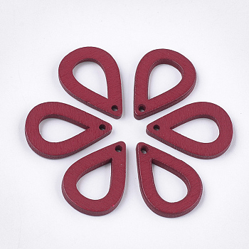 Painted Poplar Wood Pendants, teardrop, Crimson, 25x17x2.5mm, Hole: 1.8mm