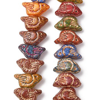 Painted Glass Beads Strands, Golden Metal Enlaced, Bird, Mixed Color, 11~11.5x21~21.5x10~10.5mm, Hole: 1mm, about 30pcs/strand, 13.27''(33.7cm)