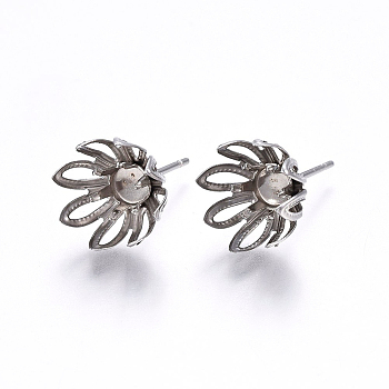 201 Stainless Steel Stud Earring Settings, with 304 Stainless Steel Pin, Flower, Stainless Steel Color, Tray: 5mm, 18x11mm, Pin: 0.8mm
