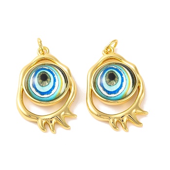 Rack Plating Brass Micro Pave Cubic Zirconia Pendants, with Glass, Long-Lasting Plated, with Jump Ring, Evil Eye, Real 18K Gold Plated, Deep Sky Blue, 28x17x5mm