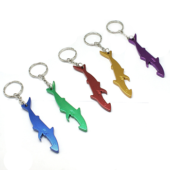 Aluminum Alloy Bottle Openners, with Iron Rings, Shark Shape, Mixed Color, 118mm