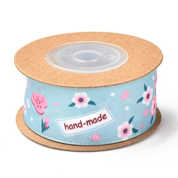 Polyester Ribbon, Flower Pattern, for Gifts Wrapping Party Decorating, Sky Blue, 1 inch(25mm), about 5.4yards(5m)/roll