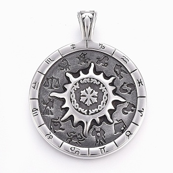 304 Stainless Steel Big Pendants, Flat Round with Constellation, Antique Silver, 53.5x42x9mm, Hole: 8.5x6mm