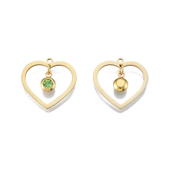 201 Stainless Steel Pendants, with Rhinestone, Heart with Flat Round, Real 18K Gold Plated, Peridot, 23x24x1mm, Hole: 1.6mm