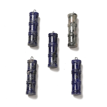 Natural Sodalite Pendants, Bamboo Stick Charms, with Stainless Steel Color Tone 304 Stainless Steel Loops, 45x12.5mm, Hole: 2mm