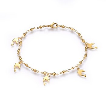 304 Stainless Steel Charm Bracelets, with Lobster Claw Clasps, Dolphin, Golden, 8-1/4 inch(21cm), 3mm
