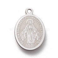 304 Stainless Steel Charms, Laser Cut, Oval, Miraculous Medal, Stainless Steel Color, 18.5x12.5x0.5mm, Hole: 1.4mm(X-STAS-M228-R01-P)