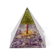 Orgonite Pyramid Resin Energy Generators, Reiki Natural Amethyst Chips & Wire Wrapped Natural Peridot Tree of Life Inside for Home Office Desk Decoration, 59.5x59.5x59.5mm(DJEW-D013-06D)